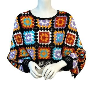 Crochet Poncho Sweater M Cropped Granny Square Fringe Boho Festival Patchwork